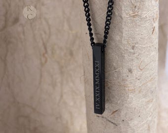 Personalized Black 3D Bar Necklace for Men - Stainless Steel Date Necklace