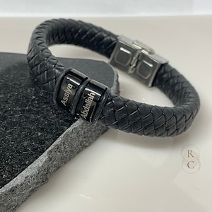 Custom Mens Leather Bracelet with Kids Names - Black Bead Bracelet for Dad - Laser Engraving, Up to 6 Customizable Engraved Beads