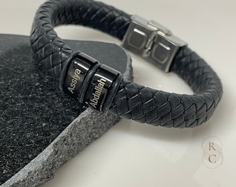 Custom Men's Leather Bracelet: Engraved Kids Names, Personalized Dad Gift
