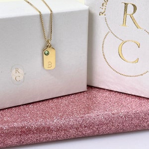 Personalized Initial Necklace with Birthstone - Sterling Silver Dog Tag for Women - Custom Two Pendants - Gold Plated Jewelry Gifts