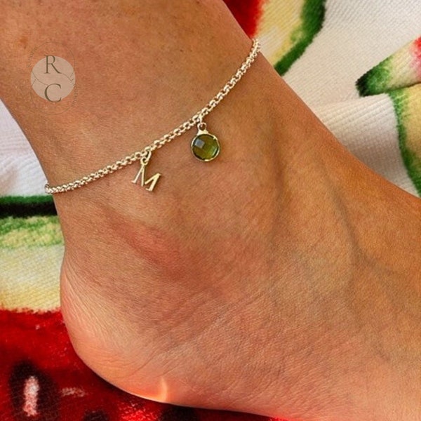Sterling Silver anklets for Women-Personalized Initial Ankle Bracelet with Birthstone Charm-Custom Charms Anklet-Unique Summer Gifts for Her