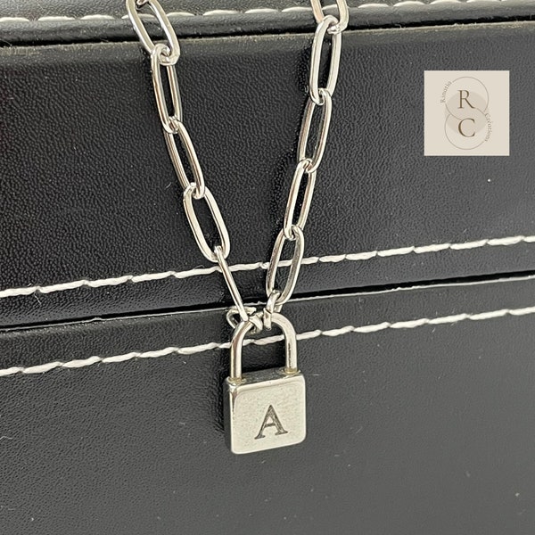 Stainless Steel Padlock Necklace for Women-Paperclip Chain Necklace with Initial Lock Pendant-Personalized Engraved Jewelry-Gifts for Girls