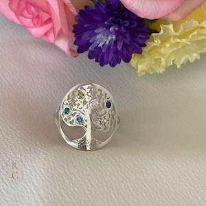 Anillo de árbol genealógico de plata de ley para mamá, anillo para madre con piedras de nacimiento para niños, anillo familiar personalizado, regalo para el Día de la Madre, anillo del árbol de la vida.