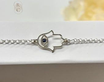 Sterling Silver Blue Evil Eye Hamsa Bracelet : Evil Eye Protection Jewelry