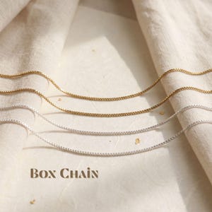 May include: Two delicate box chain necklaces, one in a gold tone and one in a silver tone, are displayed in parallel curves. The text "BOX CHAIN" is printed in a dark brown serif font at the bottom left of the image.