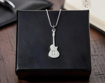 Sterling Silver Guitar Necklace: Personalized Initial Pendant, Music Gift