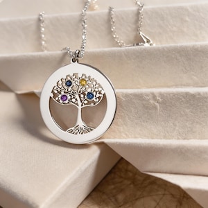 Sterling Silver Family Tree Necklace with Kids Birthstones