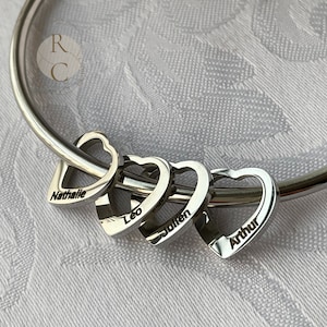 Hearts Bangle Bracelet for Mom with Kids Names-Laser Engraved Custom Heart Charms-Family Name Jewelry-Personalized Valentines Gifts for Her