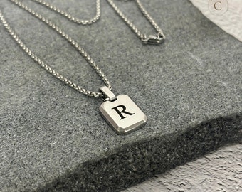 Engraved Initial Tag Necklace: Stainless Steel Personalized Pendant