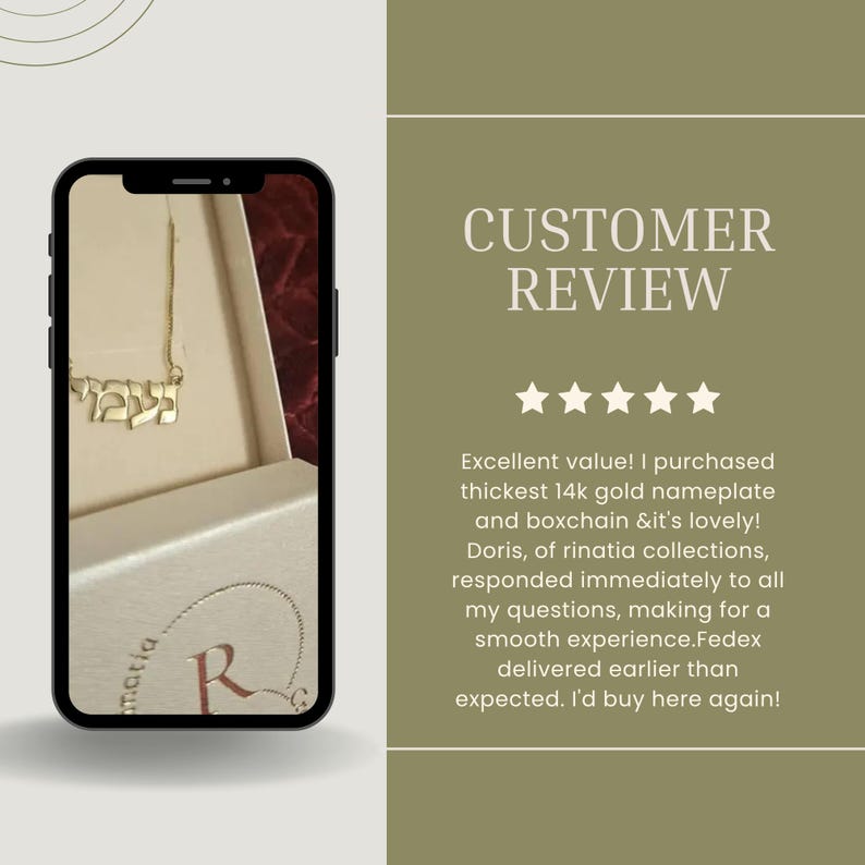 May include: A gold nameplate necklace with Hebrew lettering on a box chain, displayed inside a box. The image includes a five-star customer review stating: Excellent value! I purchased thickest 14k gold nameplate and boxchain & it's lovely!