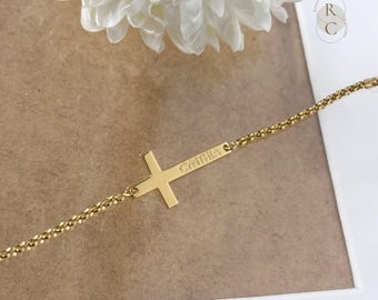 Personalized Sterling Silver Cross Bracelet: Gold Plated Communion Gift