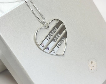 Personalized Heart Necklace with Kids Names & Birthstones - Sterling Silver Jewelry