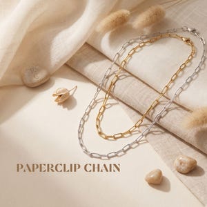 May include: Two paperclip chain necklaces, one in a silver tone and one in a gold tone, featuring elongated rectangular links and lobster claw clasps. The text PAPERCLIP CHAIN is printed in a dark brown font at the bottom of the image.