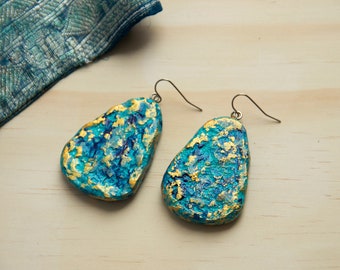 Turquoise ethnic Persian earrings , art deco earrings, boho lightweight long earrings, oval recycled paper jewelry, unique gift for her,