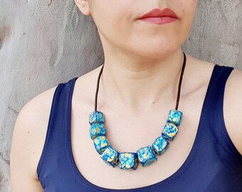 Turquoise chunky bib necklace, lightweight handmade blue necklace, recycled paper jewelry, long bold necklace, sustainable gift for her