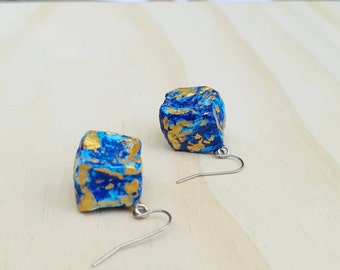 Blue gold ethnic Persian earrings , Art deco earrings, boho lightweight earrings, recycled paper jewelry, sustainable unique gift for her