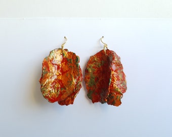 Handcrafted Recycled Paper Earrings - Persian Autumn Leaf Inspired, Red & Gold Oval Dangles - Lightweight Eco-Friendly Jewellery