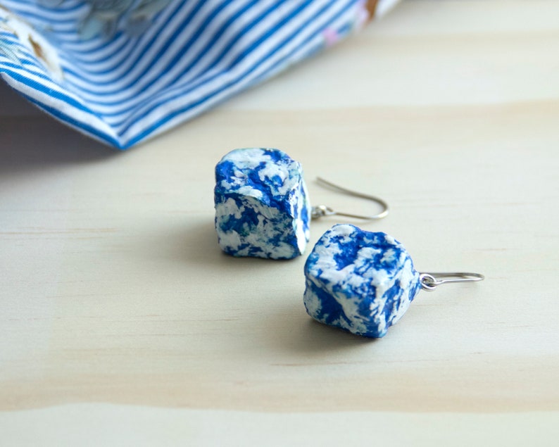 Indigo blue summer earrings , funky chunky handmade recycled paper earrings, boho lightweight earrings, sustainable unique gift for her image 1
