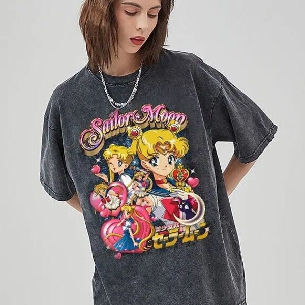 Anime Sailor Moon T-Shirts Vintage Washed Tsukino Usagi Streetwear Süße Mädchen T-Shirts Übergroße Manga Kurzarm Tops T-Shirts