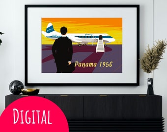 Wall picture Panama 1956, Retro picture with airplane + business man, Digital Download for self printing or printing via online Service