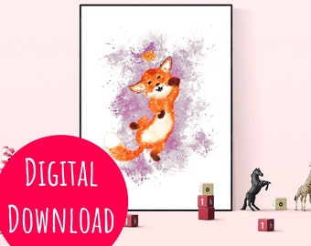 Childrens picture Fox and Butterfly - Birthday - Gift - Deco Kids Room - Digital Download for Self Printing or via Online Printing Service