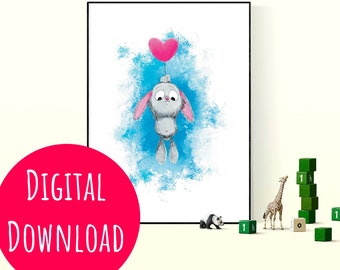 Kids Picture Rabbit with Heart Balloon - Birthday Gift - Digital Download for self printing or printing via online Service