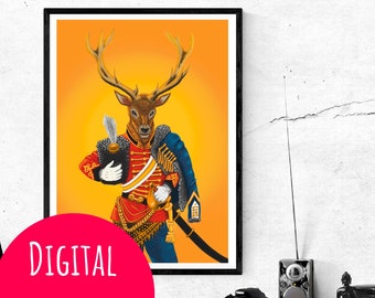 Wall Picture Deer Man, Animal Hussar Picture, Napoleon Uniform Soldier, Digital Download for self printing or printing via online Service