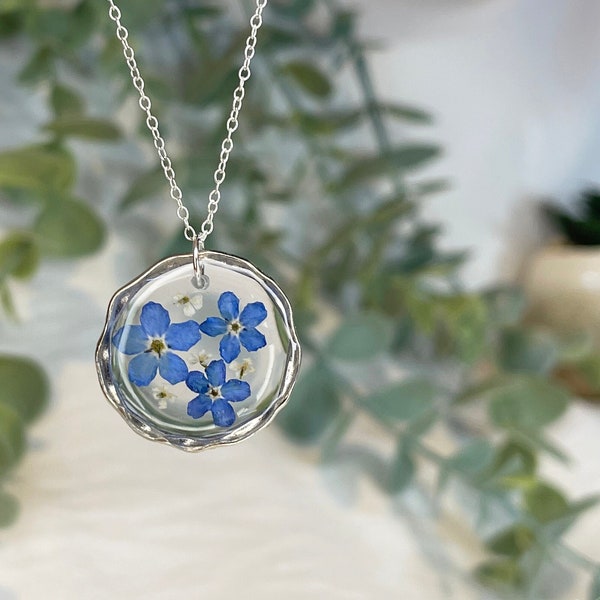 Forget Me Not 925 Sterling Silver, Handmade, Necklace, Chain, Vegan, Resin Jewellery, Natural Dried Flowers Botanical Hand Picked Hand Dried