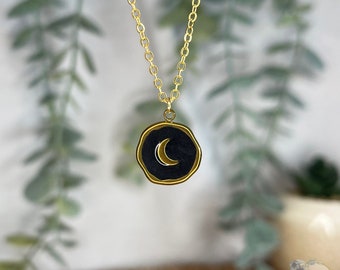 18K Gold Plated Black Crescent Moon Pendant Necklace, Astrological, Bohemian