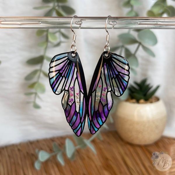 Butterfly Wing Earrings, Purple and Blue Lightweight Fairy Wings with Real Pressed Flowers, Queen Anne's Lace