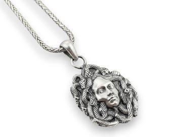 Sterling Silver Medusa Necklace • Greek Goddess Snake Amulet
