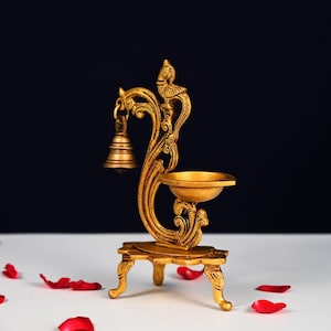 Brass Peacock Diya With Bell For Pooja