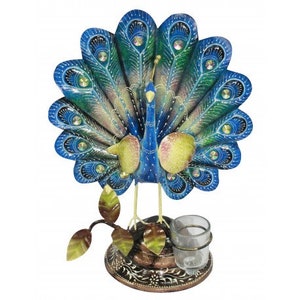 Wrought Iron Painted Ethnic Peacock Tea Light Holder Showpiece Decorative Candle Holder