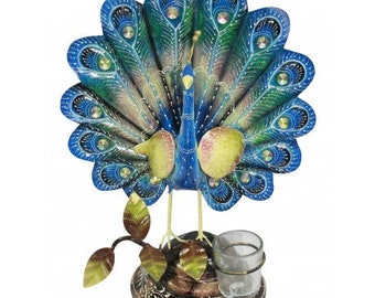 Schmiedeeisen Bemalt Ethno Pfau Teelichthalter Showpiece Dekorativer Kerzenhalter