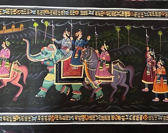 Royal Splendor: Hand-Painted Maharaja Procession on Silk | Artisanal Rajasthan Artwork | 38 x 15 Inches