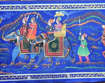 Hand-Painted Royal Procession: Maharaja on Elephant with Camels & Ministers | Silk Artwork | Rajasthani Art | 38 x 15 Inches