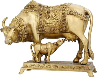 Religious Brass Kamdhenu Calf Cow Statue Idol with Lakshmi Engrave, 7.5-inch, Gold