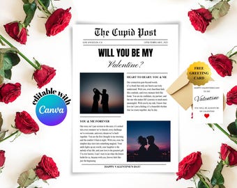 Valentine Day Cupid Post Newspaper Template Valentine newspaper Valentines Day Gift Cupid Newspaper Editable Canva Template Printable Gift