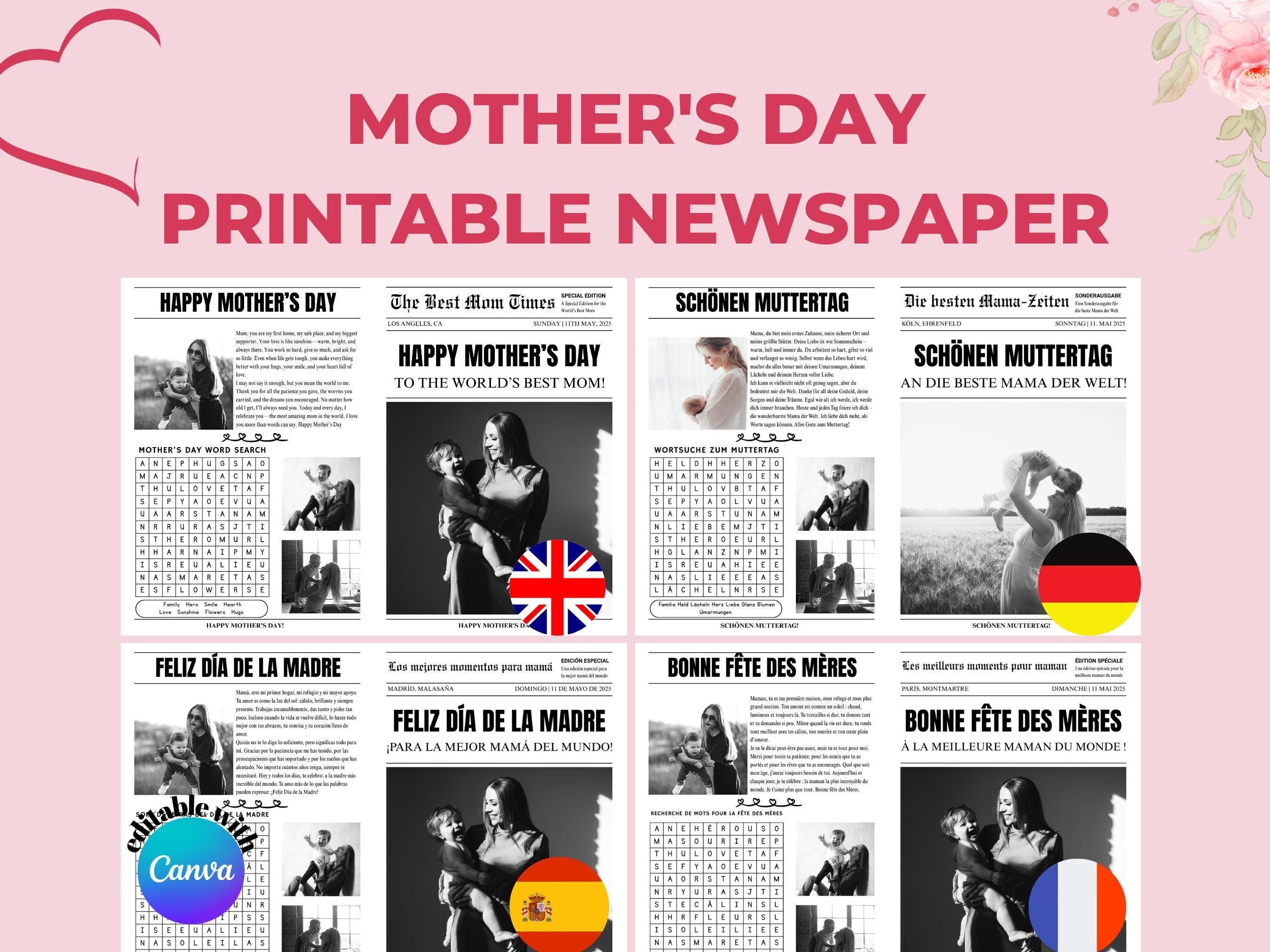 Editable Mothers Day Newspaper Template mothers day printable newspaper newspaper mothers day boquet happy mother day template canva 4 lang
