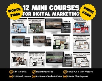 12 Mini Courses with MRR mini digital marketing course for Online Success instagram growth pinterest mrr Canva Templates plr courses Audio