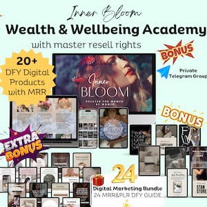 Inner Bloom Academy Wealth & Wellbeing Academy with Master Resell Rights. Includes 44 Done for you digital marketing guide with MRR faceless