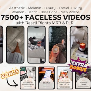 Può includere: Una pubblicità per prodotti digitali, con più schermi di smartphone che mostrano immagini di lifestyle. Il testo include "7500+ FACELESS VIDEOS" e offerte bonus per contenuti di social media e foto estetiche. Parole chiave: prodotti digitali, video, social media.