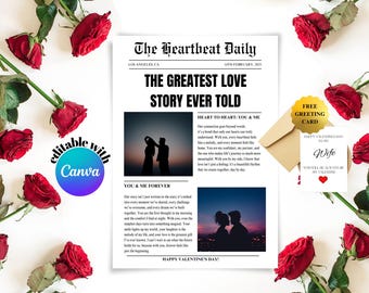 Valentines Day Newspaper Template Valentine newspaper Valentines Day Gift Cupid Newspaper Editable Canva Template Printable Love Story Ever