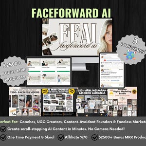 Könnte beinhalten: Werbebild für "FACEFORWARD AI" mit dem Text "FFAI faceforward ai." Zeigt einen Computermonitor, ein Tablet und ein Telefon mit verschiedenen digitalen Marketinginhalten. Enthält Text: "7500+ Faceless Videos," "12 Mini Courses" und "320+ Viral Instagram Aesthetic Carousels."