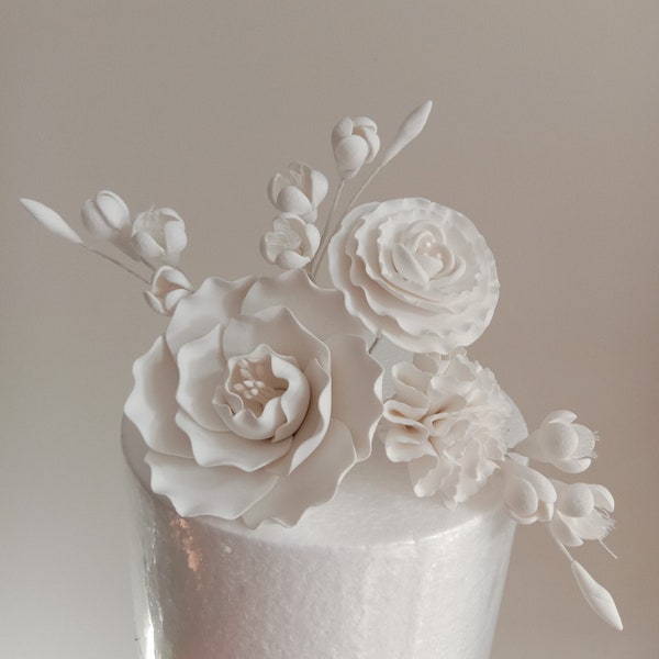 Ready To Post, Off-White Flower Set with Rose, Blossoms and Buds, Sugar Flowers, Sugar Craft, Cake Topper, UK Supplier