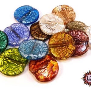 12 perles de verre rondes et plates - 33 x 5 mm - Couleurs mélangées - avec feuille d'argent