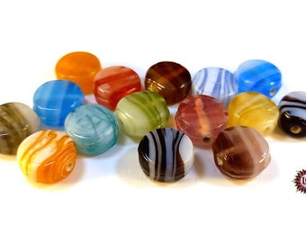 Lot : 40 Perles de Verre - Rondes Plates - 13 x 6 mm - 12 Nuances - Effet Marbré - KP