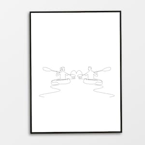 Minimalista mujer hombre pareja amor canoa kayak barco línea arte digital imprimible descargar, canoa mínima kayak pareja deporte una línea dibujo
