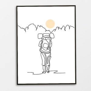 Impression d&#39;art au trait minimaliste randonneur : randonnée en montagne (téléchargement numérique)