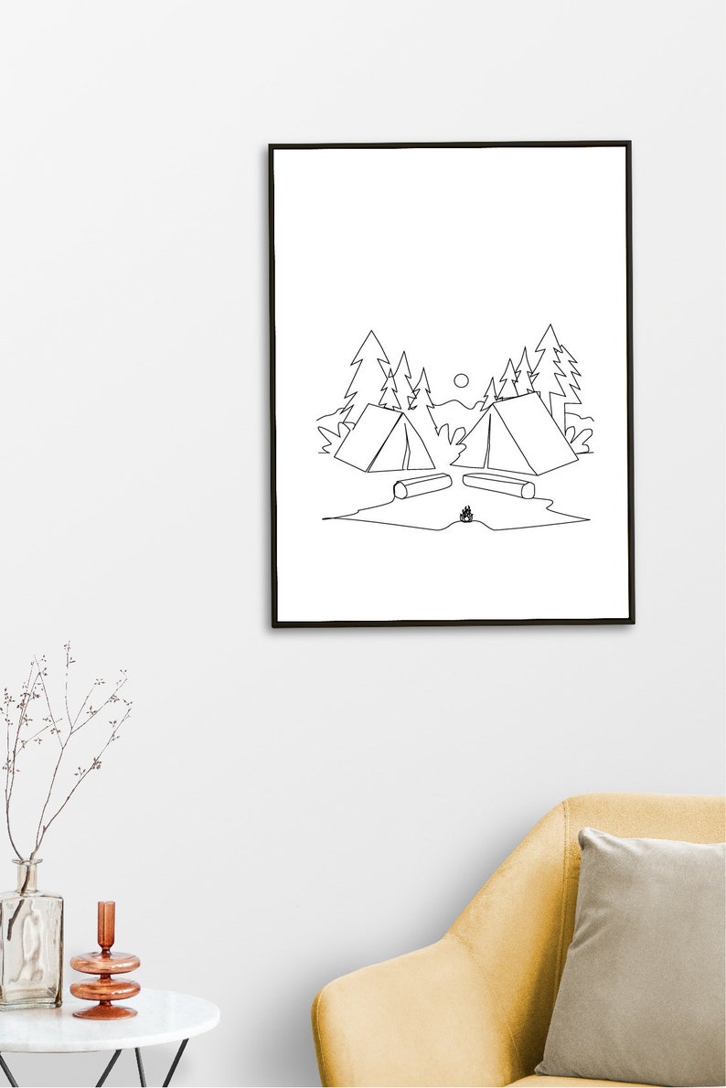 minimalist-camping-line-art-print-tent-campfire-forest-digital